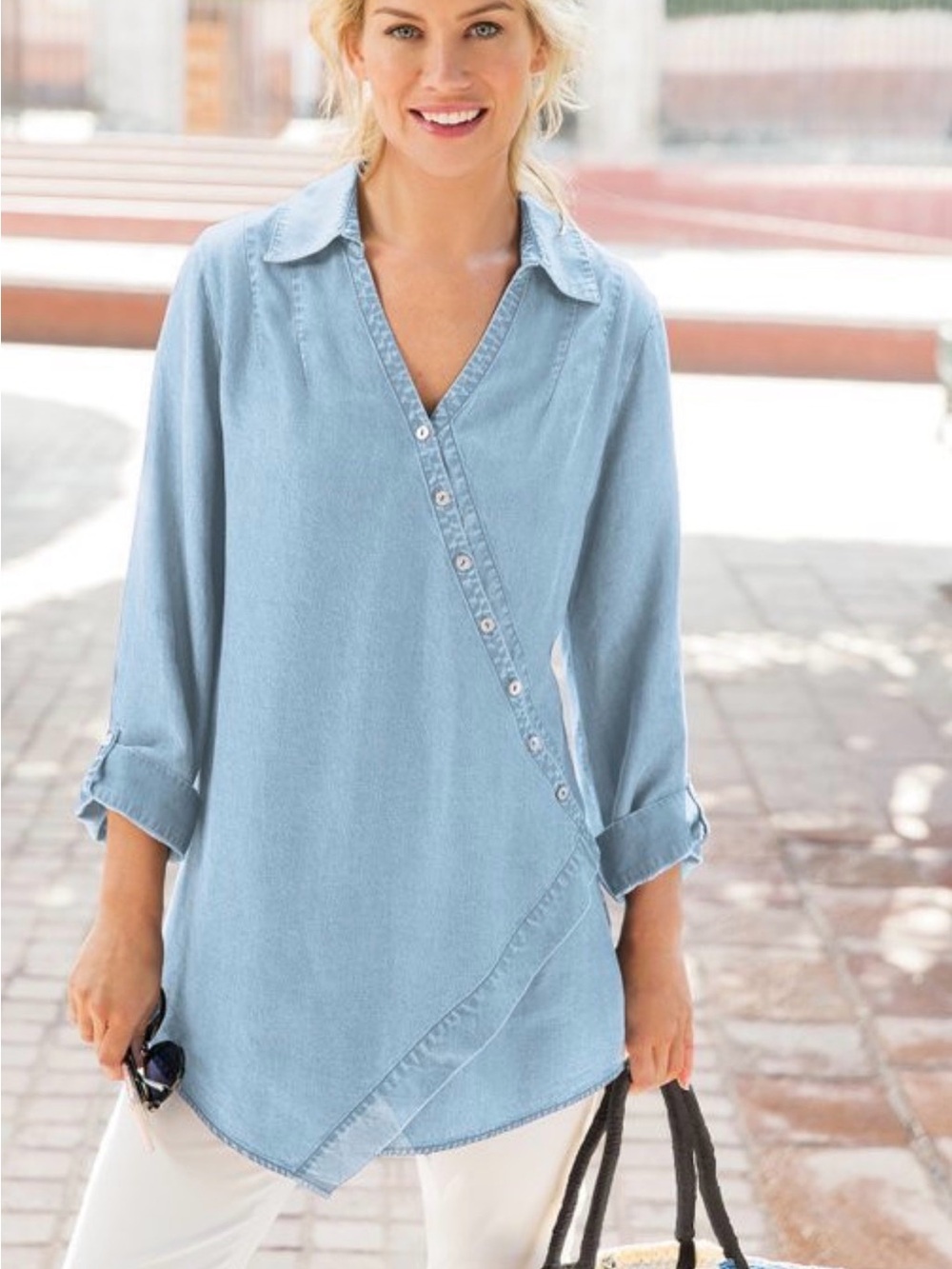 Soft Surroundings Light Blue V-Neck Asymmetric Button Tunic